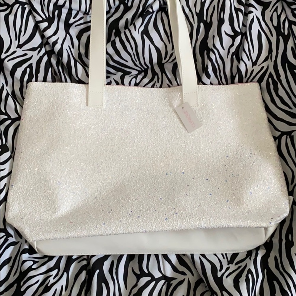 White glitter tote & matching makeup bag